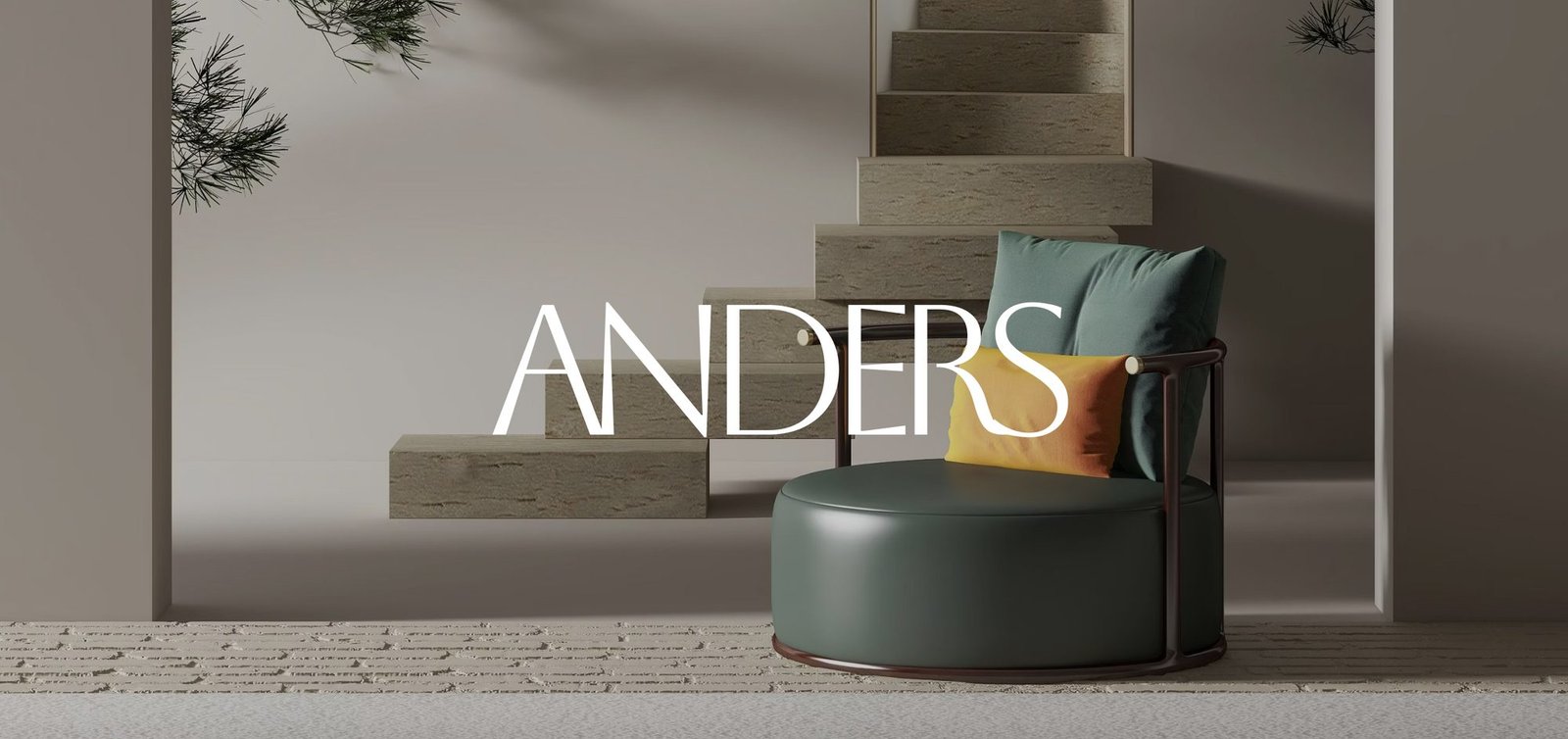 Anders wordmark over a lifestyle photo of a lounge chair on a staircase set.