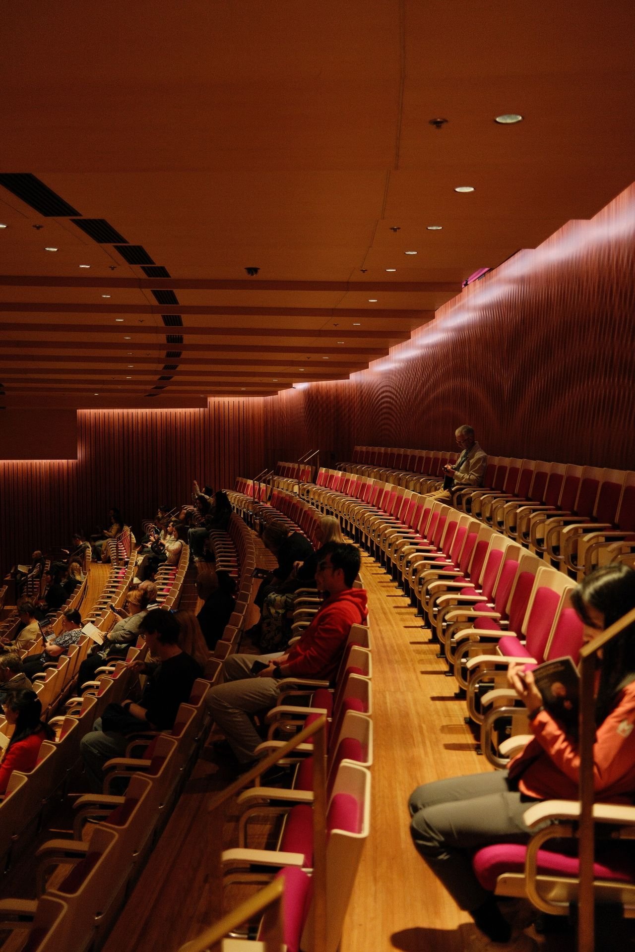 Interior photo of a warm, curved wooden concert hall auditorium.